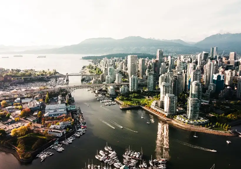 Aerial perspective of Vancouver urban layout and coastal waters