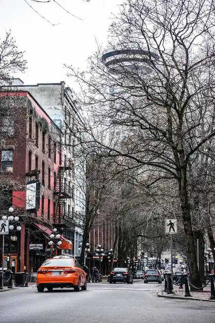 Charming downtown Vancouver cityscape featuring historic buildings and bustling streets