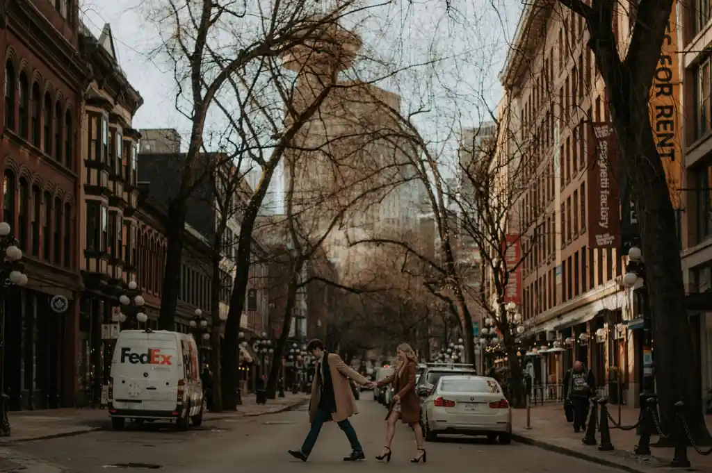 Fully clothed visitors strolling along an urban Vancouver streetscape