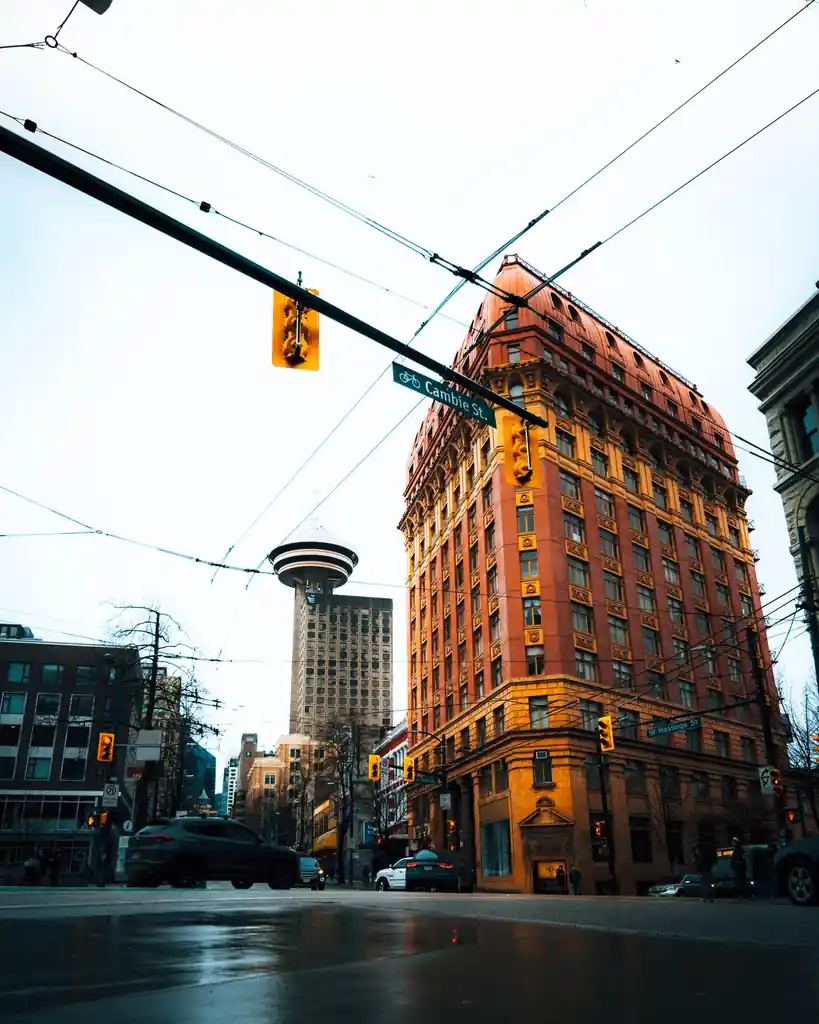 Historic brick building in downtown Vancouver intersection