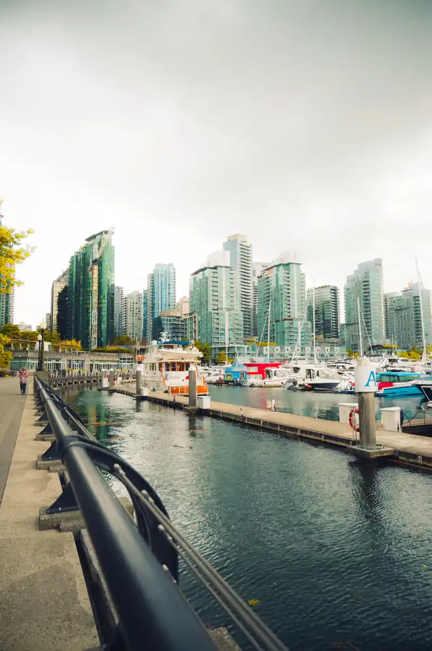 Modern Vancouver waterfront architecture along the active marina