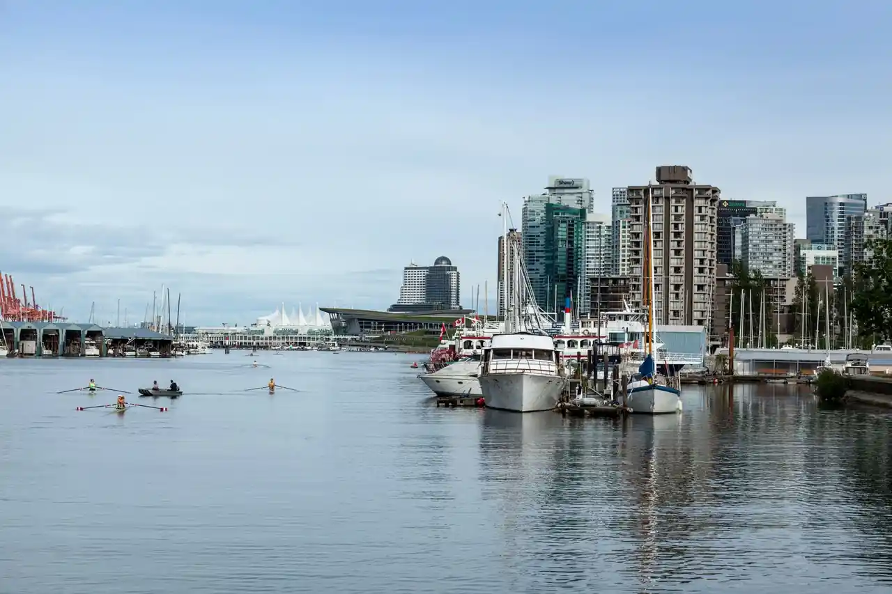 Vancouver harbour with boats and scenic shoreline
