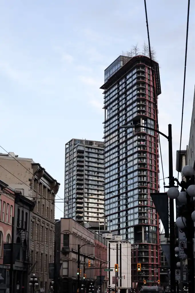 Contrast of modern highrises and historic brick architecture in Vancouver Gastown district