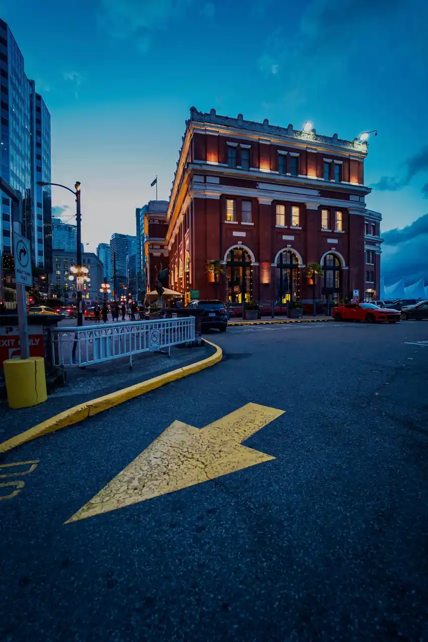 Historic architectural facade in downtown Vancouver during evening light