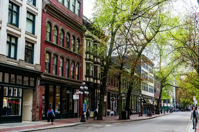 Tree-shaded urban street with independent storefronts and brick architectural facades