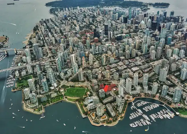Aerial view of Vancouver downtown skyline and coastal harbour