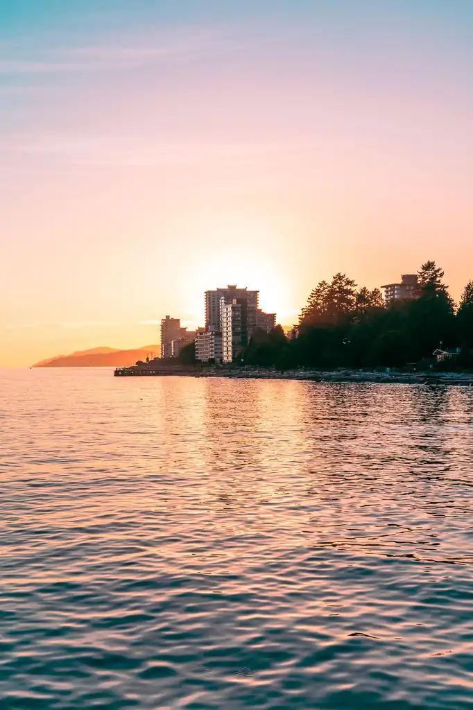 Downtown Vancouver architectural skyline viewed at sunset